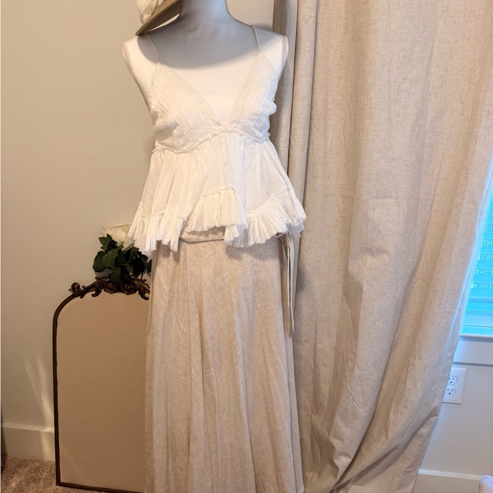 White Ruffled Top and Cream Maxi Skirt Set